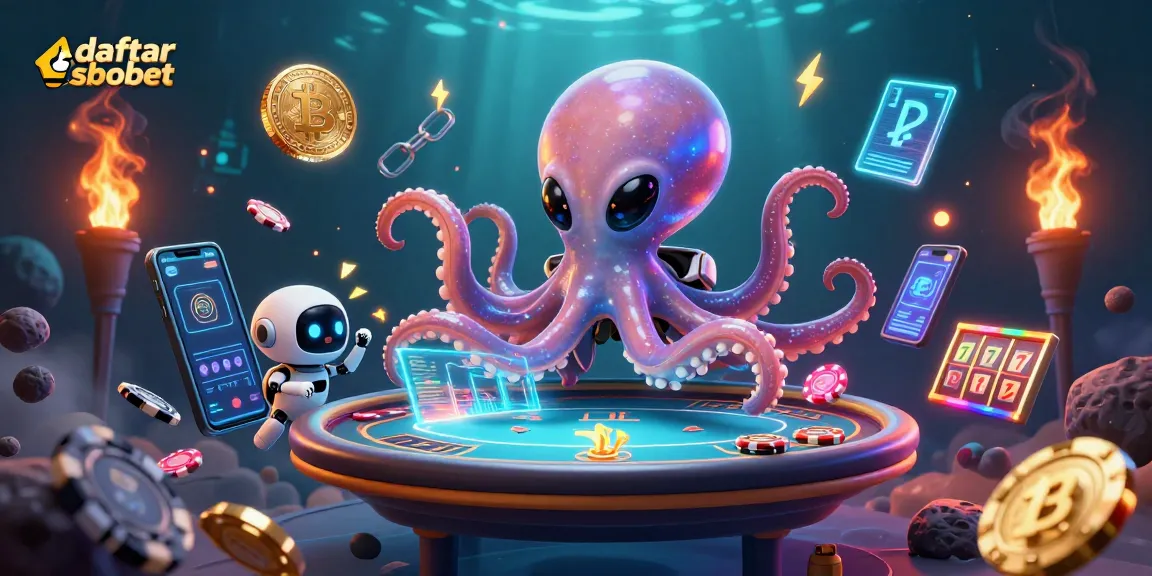 Engage in thrilling games with daftar sbobet, featuring a cartoon alien octopus and crypto elements.