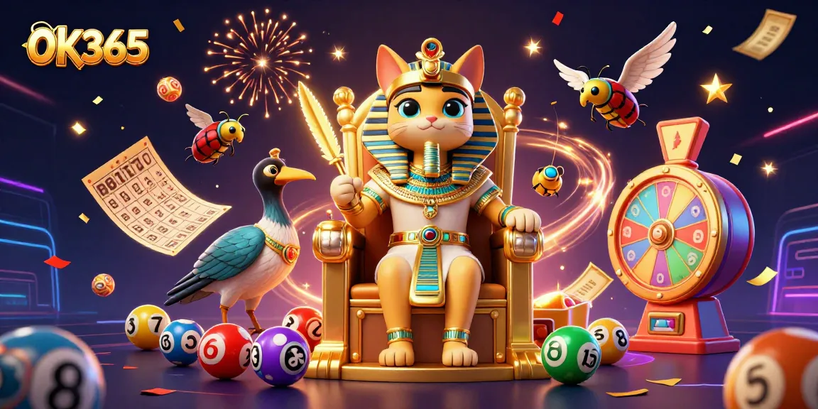 Engage with OK365's vibrant casino theme featuring a colorful lottery scene and dynamic game elements.