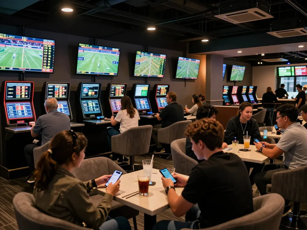 Tỷ lệ kèo nhà cái displayed on-screen as bettors engage in sports betting, capturing excitement in modern sports lounge