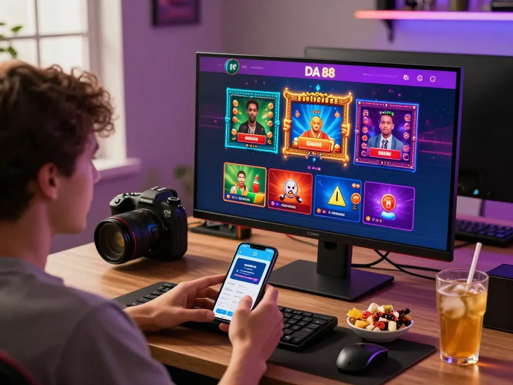 User enjoying the DA 88 online gaming platform with vibrant graphics and app interaction in a modern, inviting workspace.