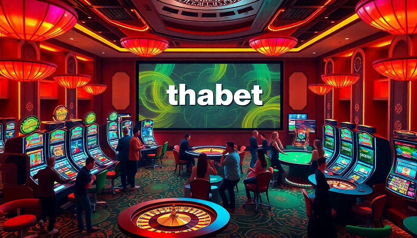 Exciting gambling scene featuring thabet with diverse players at casino tables and slot machines.
