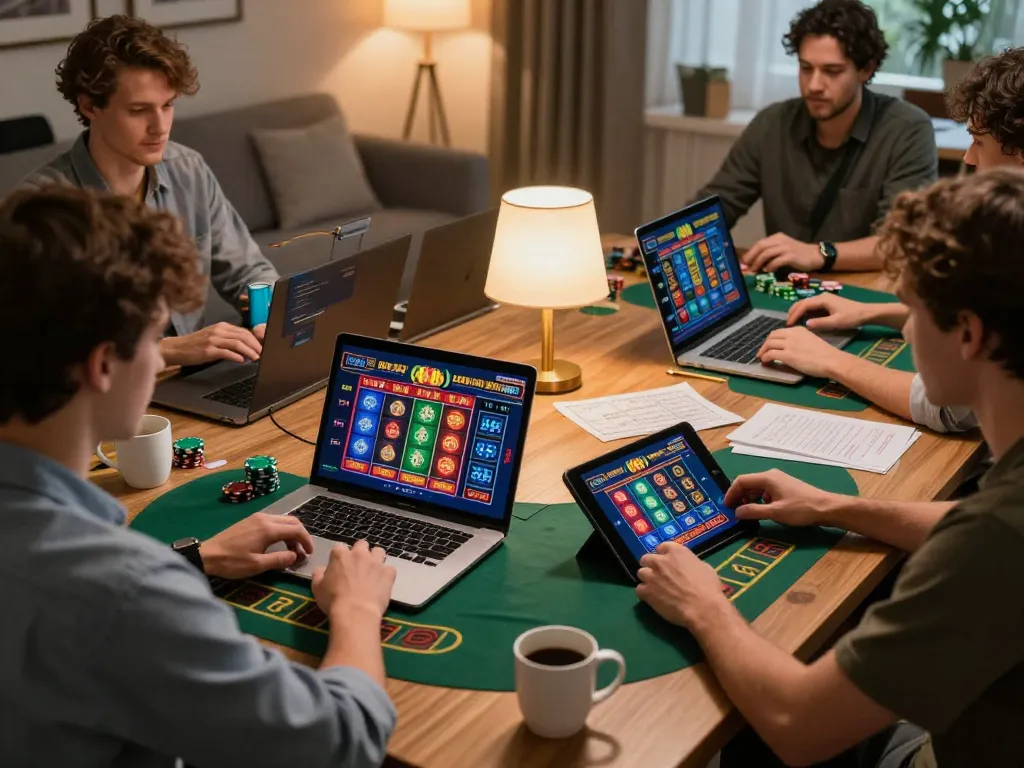 Players enjoying 888b online casino gameplay from home desk, placing bets on vibrant interface.