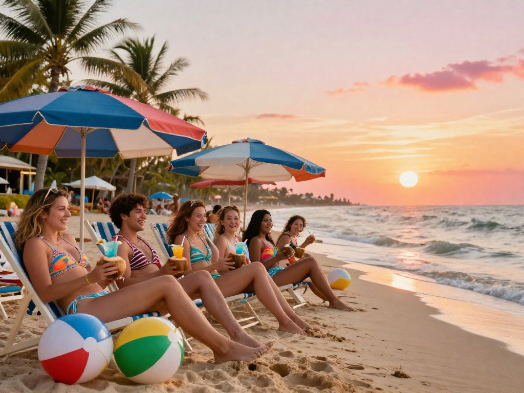 Group of friends enjoying BIKINISLOT at a vibrant beach resort