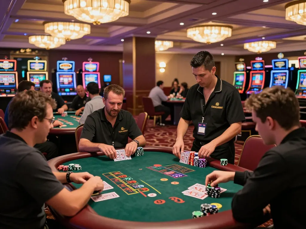 F168 players strategizing at blackjack tables in a lively casino setting, showcasing excitement and winning opportunities.