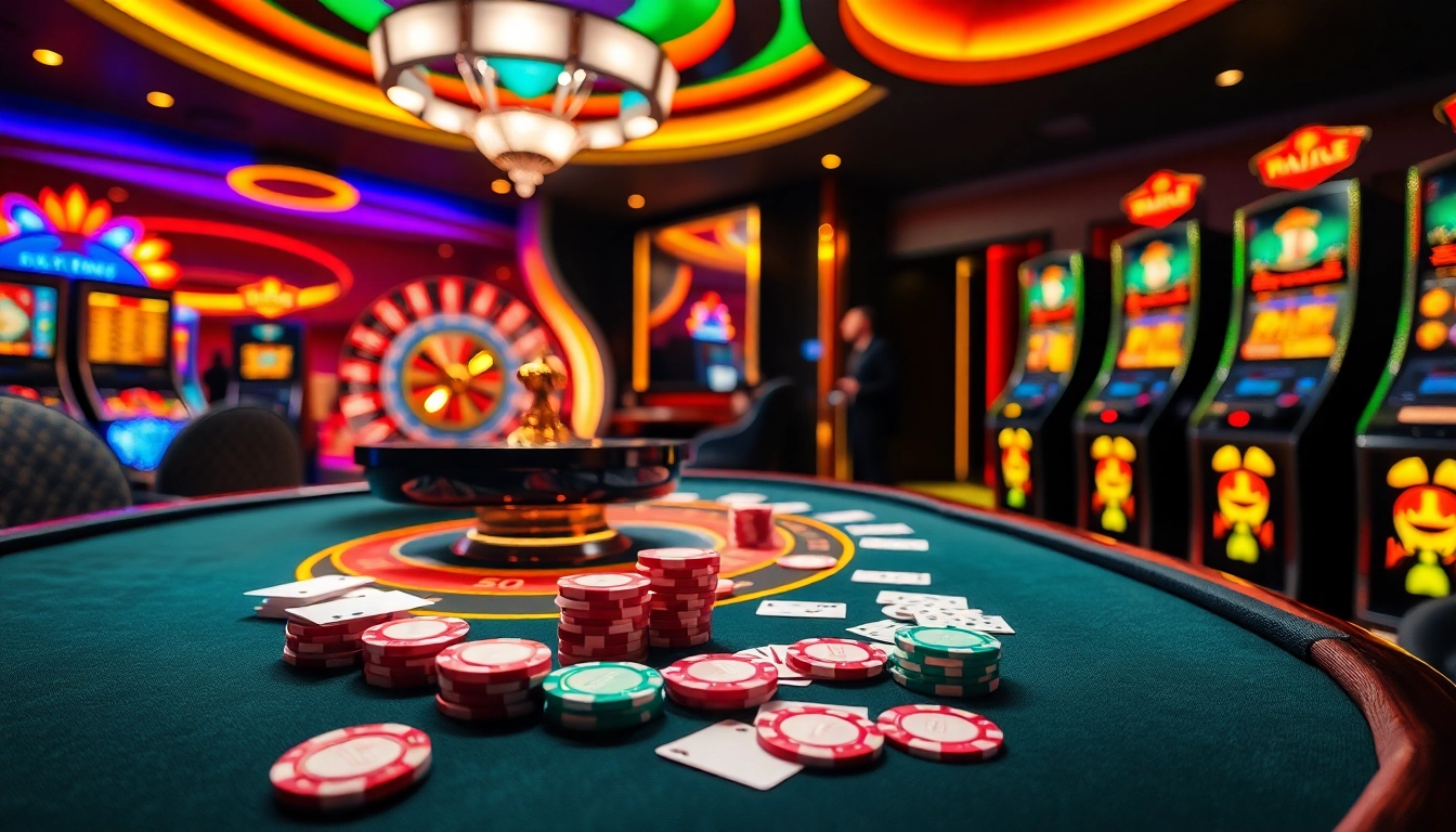 Players enjoying a thrilling poker game at ok8386s.com with vibrant chips and cards.