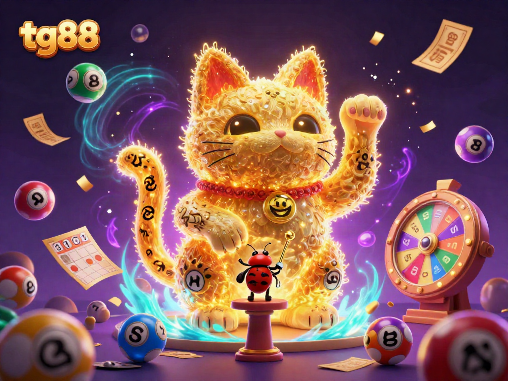 Engage with the tg88 lucky cat illustration showcasing vibrant lottery elements and casino symbols.