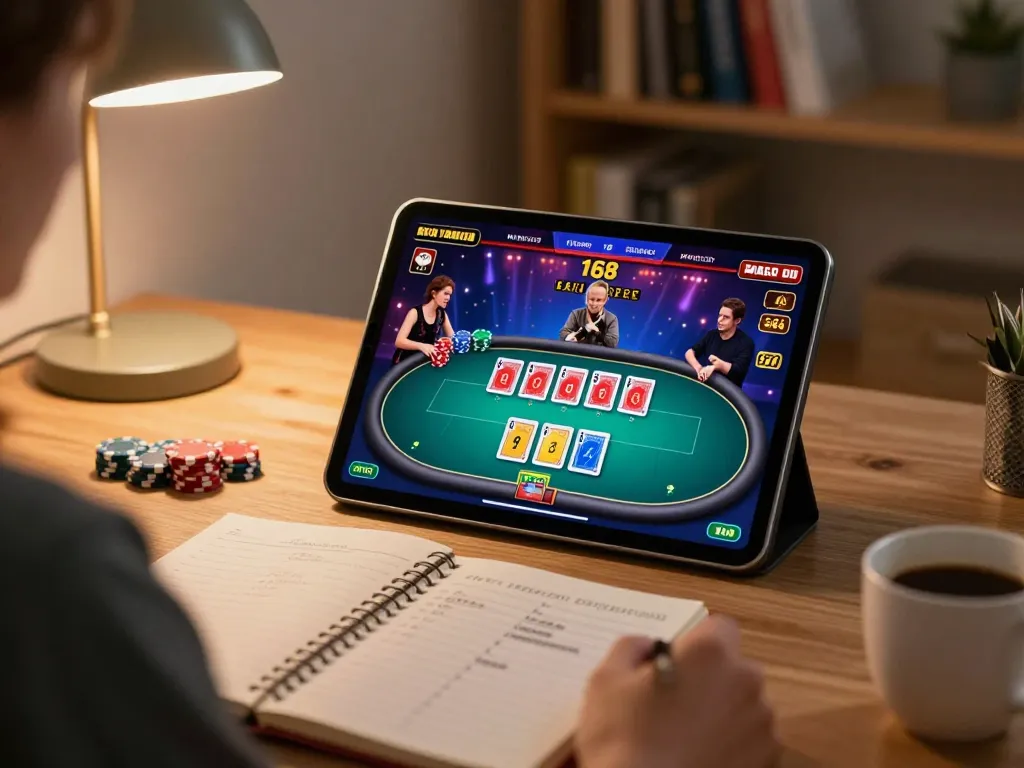 Experience f168 online poker gameplay from home, with strategy notes and warm ambiance adorning the scene.