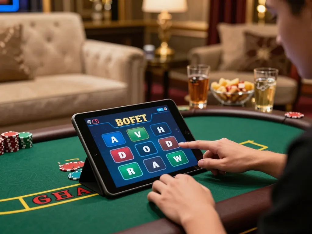 Engaged user playing 7M live dealer blackjack on tablet with interactive gameplay display.