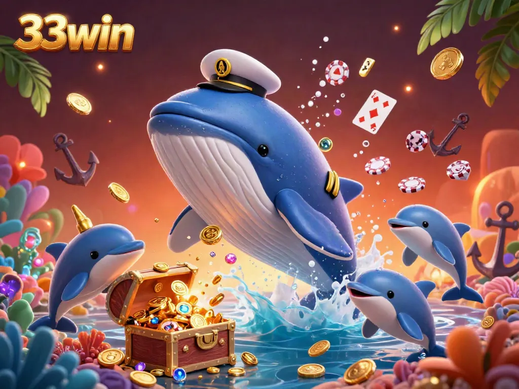 Experience the magic of 33win with a vibrant underwater casino scene featuring a breaching whale and playful dolphins.