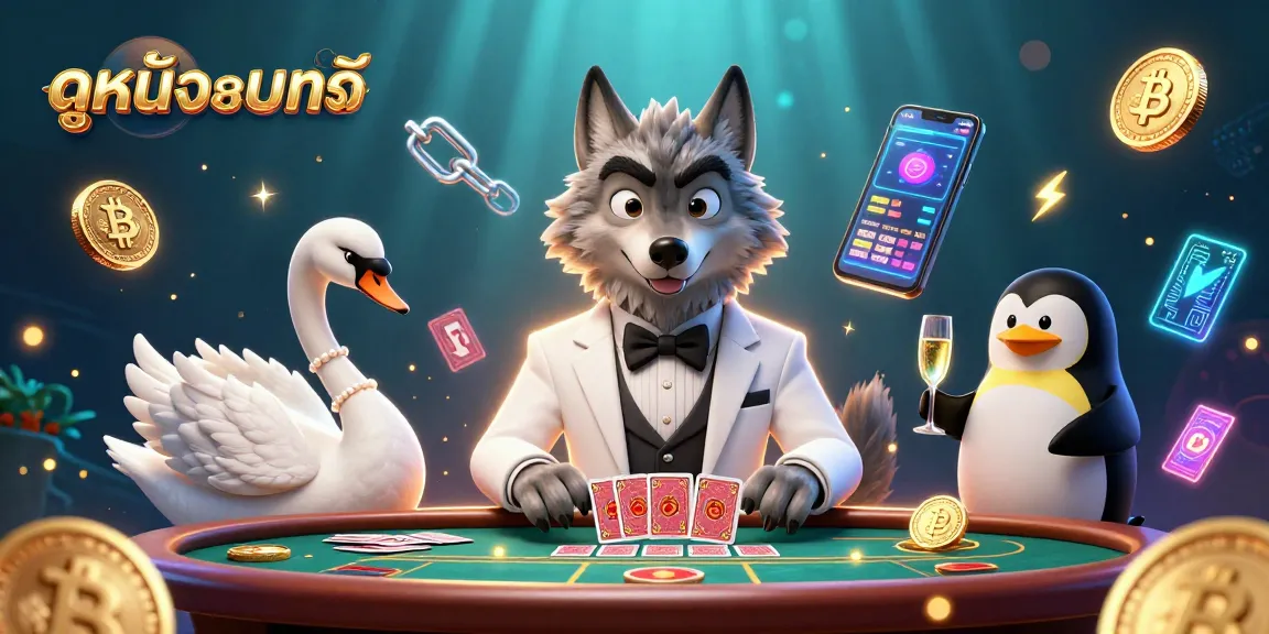 Engage in ดูหนังออนไลน์ with an animated scene showcasing a baccarat game, vibrant characters, and crypto-elements.