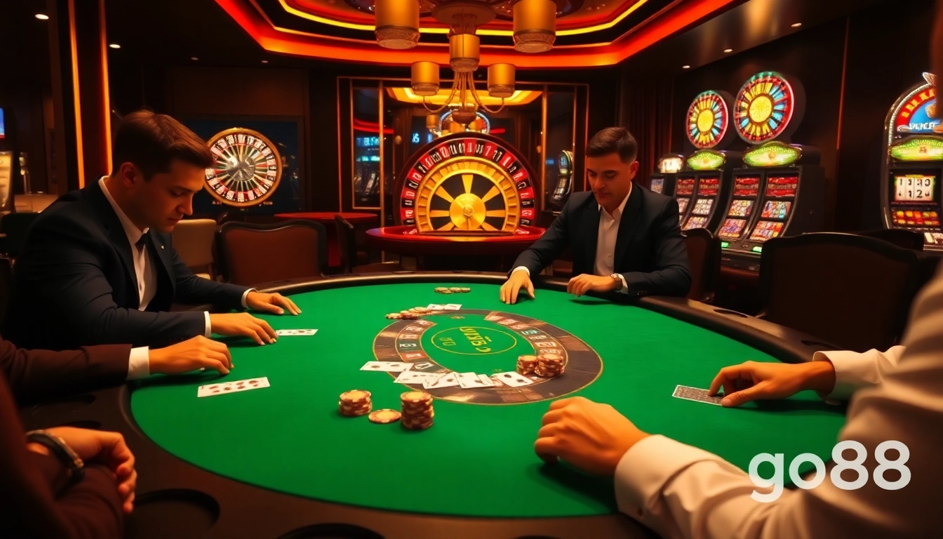 Exciting poker game scene featuring 'go88' branding with elegant cards and chips.