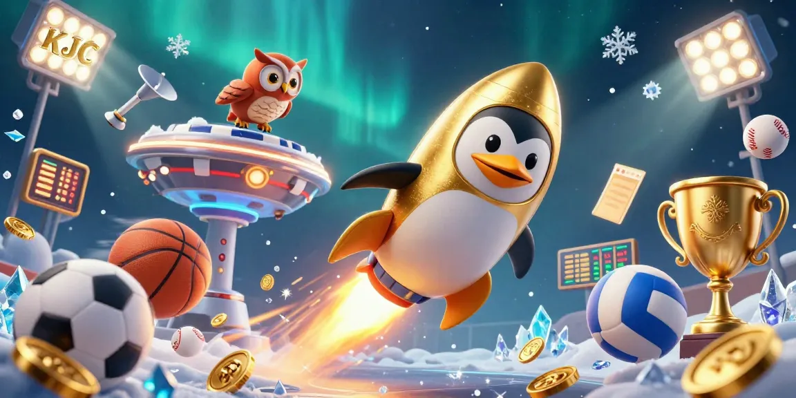 KJC penguin rocket launches to a casino, showering gold coins and sports elements in this vibrant 3D illustration.