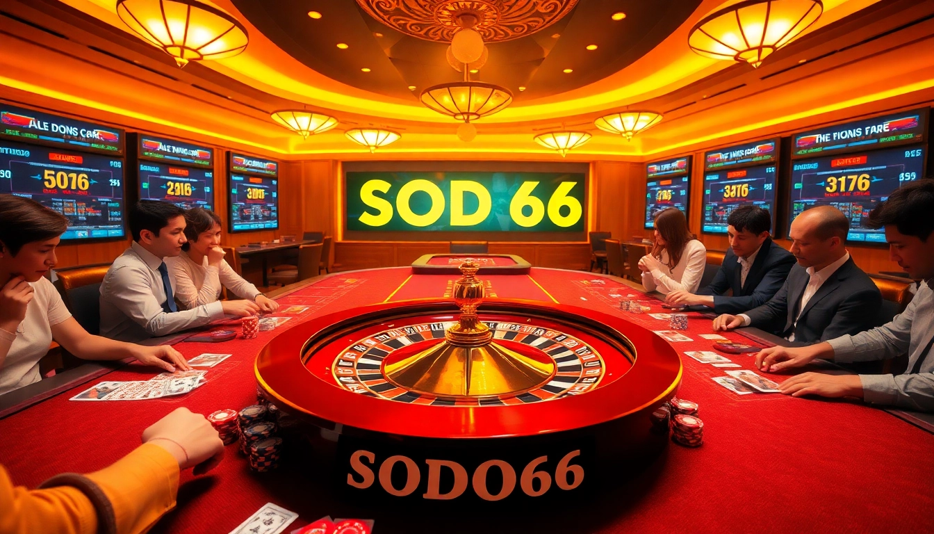 SODO66 enticing casino scene showcasing poker chips, cards, and a roulette wheel in action.
