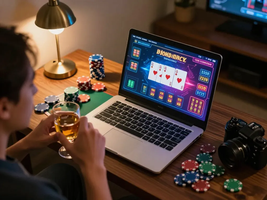 Player enjoying HELLO88 online poker on a laptop in a cozy home setting, focused on gameplay.