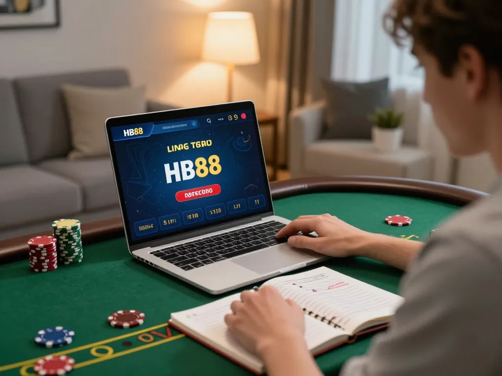 HB88 player engaging in live blackjack online while strategizing with notes in a cozy home setting.