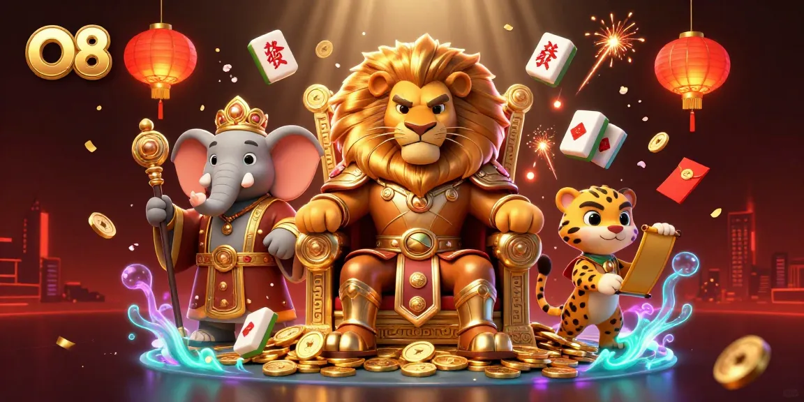Experience excitement with O8 as the fierce lion king reigns in a vibrant online casino scene.