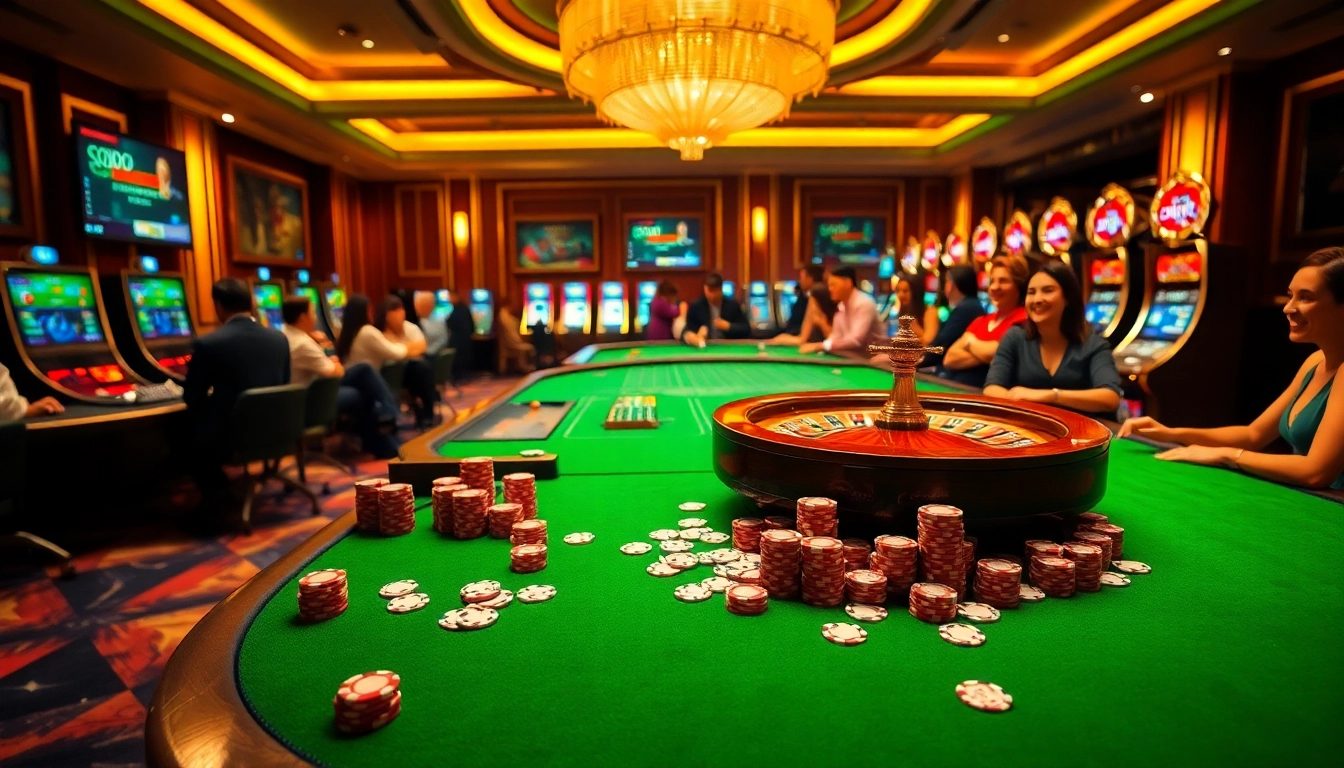 SODO Casino players enjoying a thrilling game with poker chips and roulette wheel in a luxurious environment.