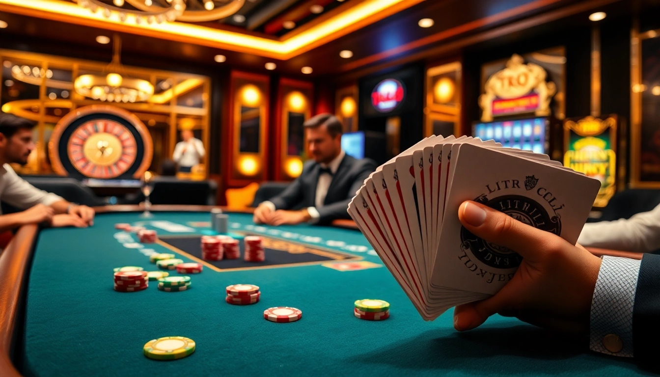 Players engage in a thrilling game at TR88's luxurious poker table in a vibrant casino setting.