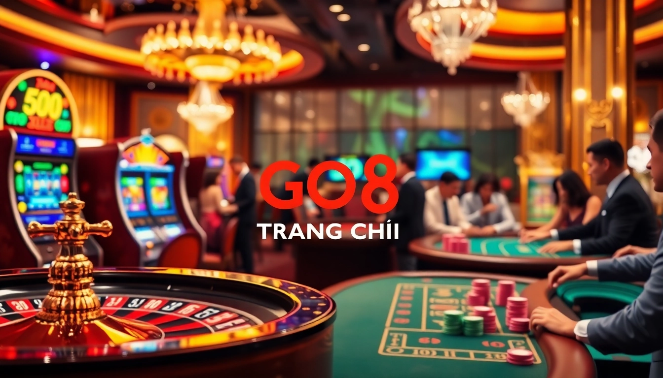 GO8 TRANG CHỦ showcase featuring immersive casino gaming experiences with vibrant slot machines and live tables.