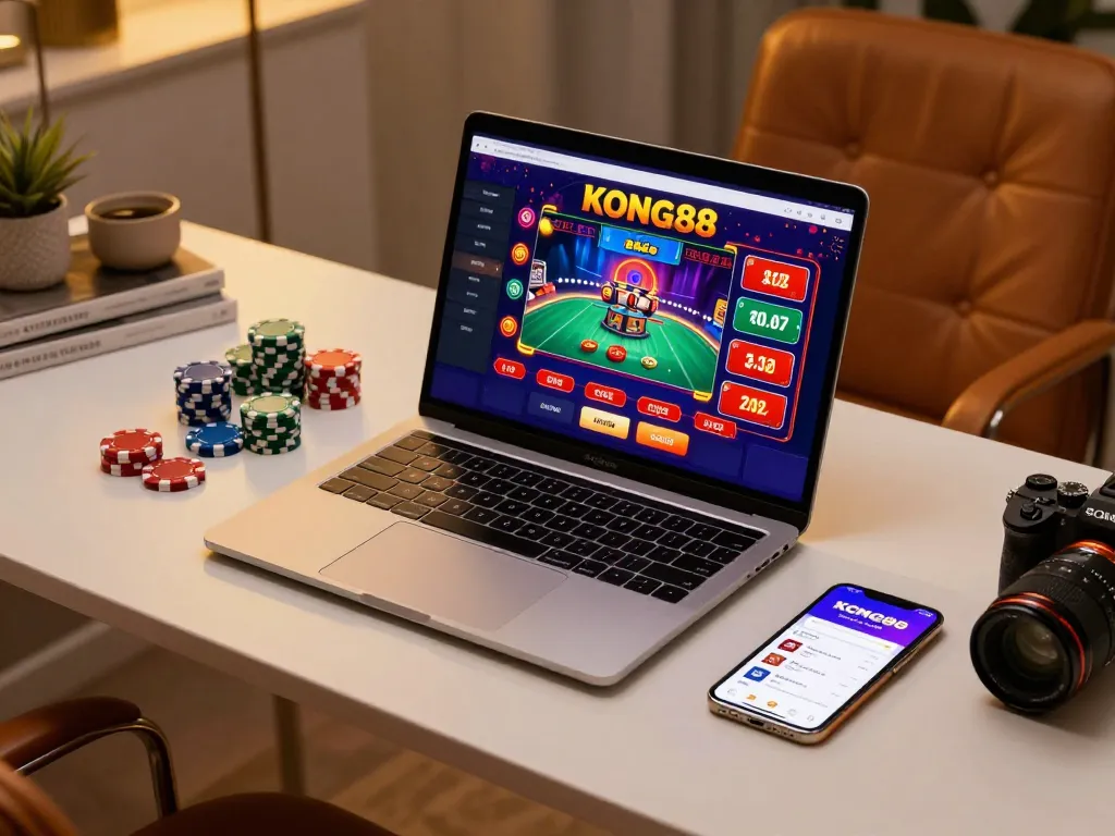 KONG88 players enjoy seamless online gaming on a sleek laptop with colorful chips displayed.