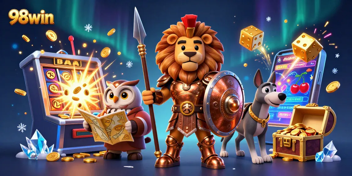 Engage in thrilling gameplay at 98win, where a Spartan lion and his allies celebrate jackpots!