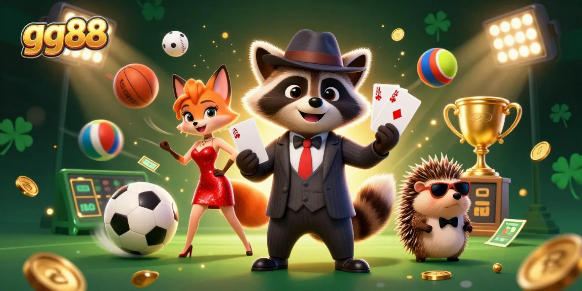 Engage in thrilling gameplay at gg88 with a raccoon holding a royal flush and vibrant casino elements.