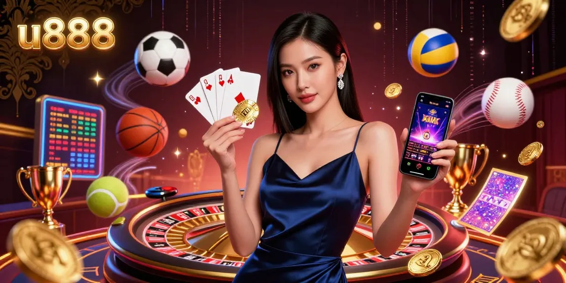 Bet big on u888 with an Asian lady showcasing a casino app and golden chip surrounded by dynamic game elements.