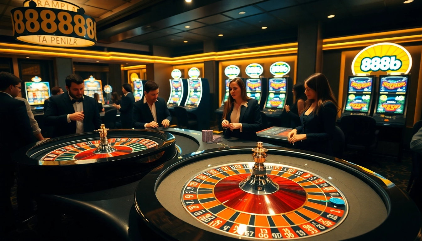 Players engage in high-stakes games at a luxury casino scene, highlighting 888b excitement.