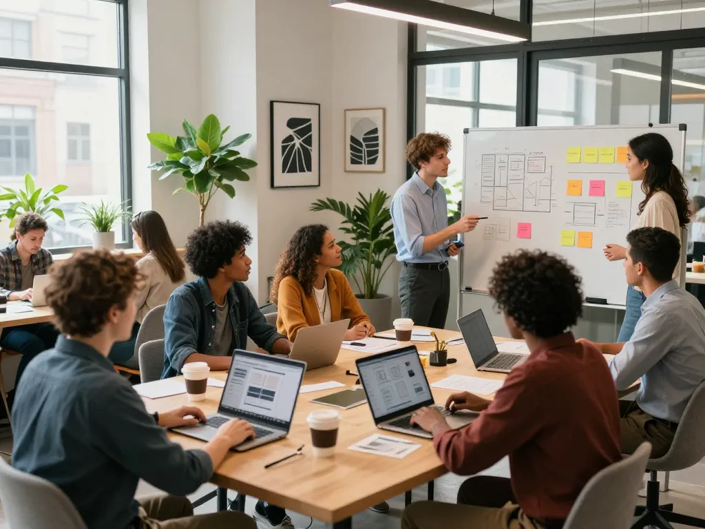Diverse young professionals collaborating in a vibrant urban co-working space, enhancing productivity and creativity with c168.date.