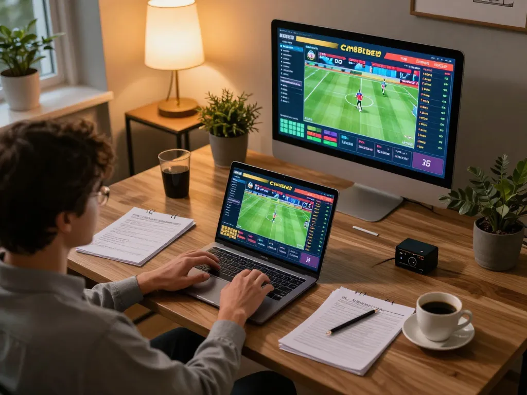 Engaged player evaluating cm88 bet options on laptop amidst modern home office setup