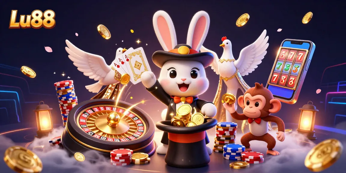 Win big with Lu88 as a magician rabbit conjures golden coins amidst sparkling casino action.
