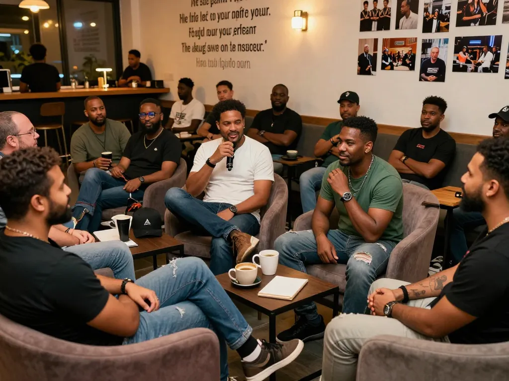 A supportive atmosphere at manclub with diverse men sharing stories over coffee, showcasing connection and community.