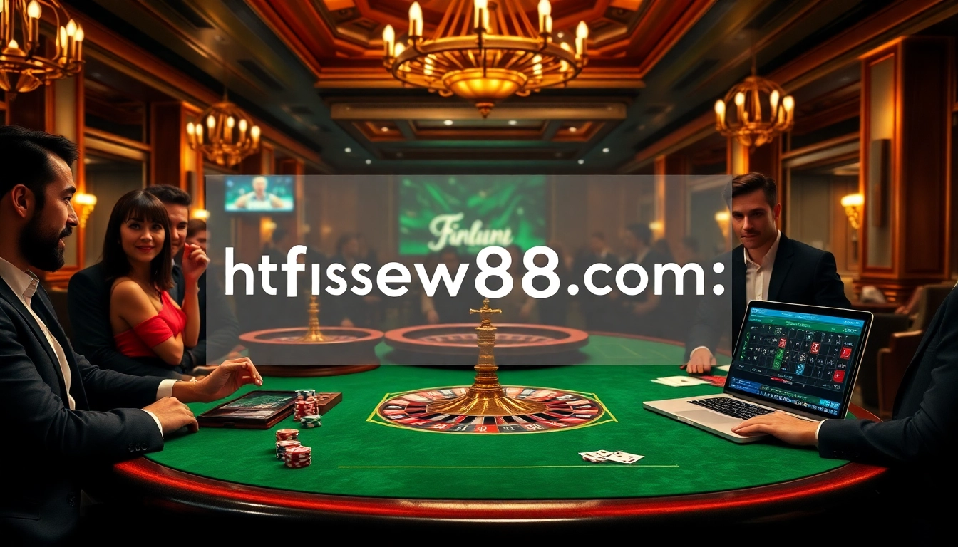 Experience exciting games at https://fnew88.com/ in a luxurious casino landscape filled with roulette wheels and poker chips.