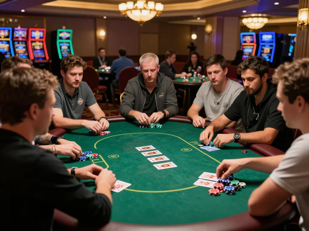 Experience the excitement of BET168 poker tables in a luxurious casino setting with engaged players.