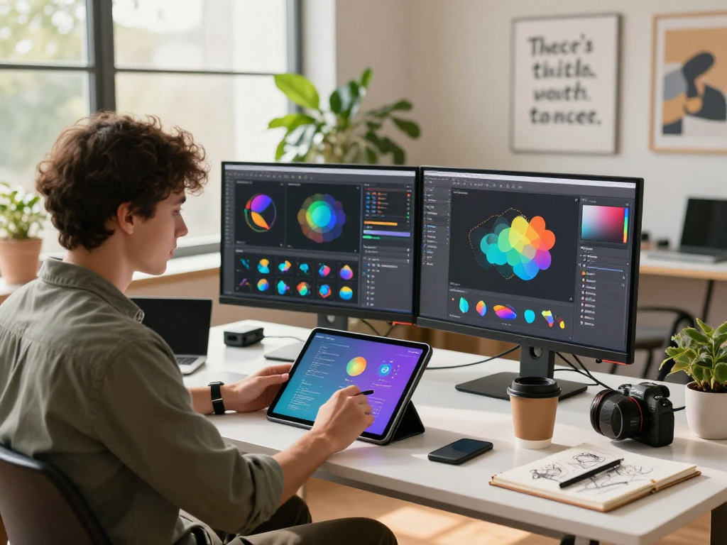 Creative workspace with young adult designing digital content for ia +18 projects, featuring monitors, sketches, and natural light.