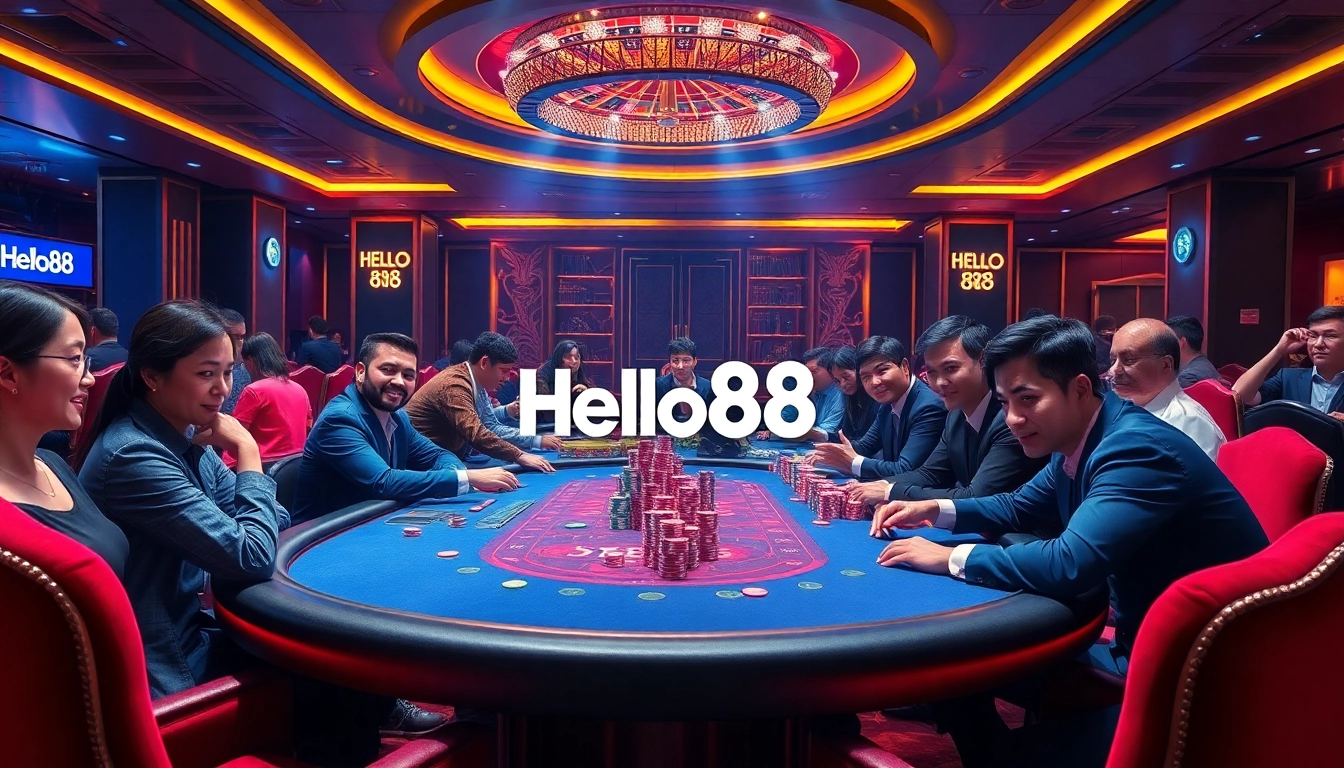 Hello88 casino players strategically placing bets at a poker table in a vibrant casino.