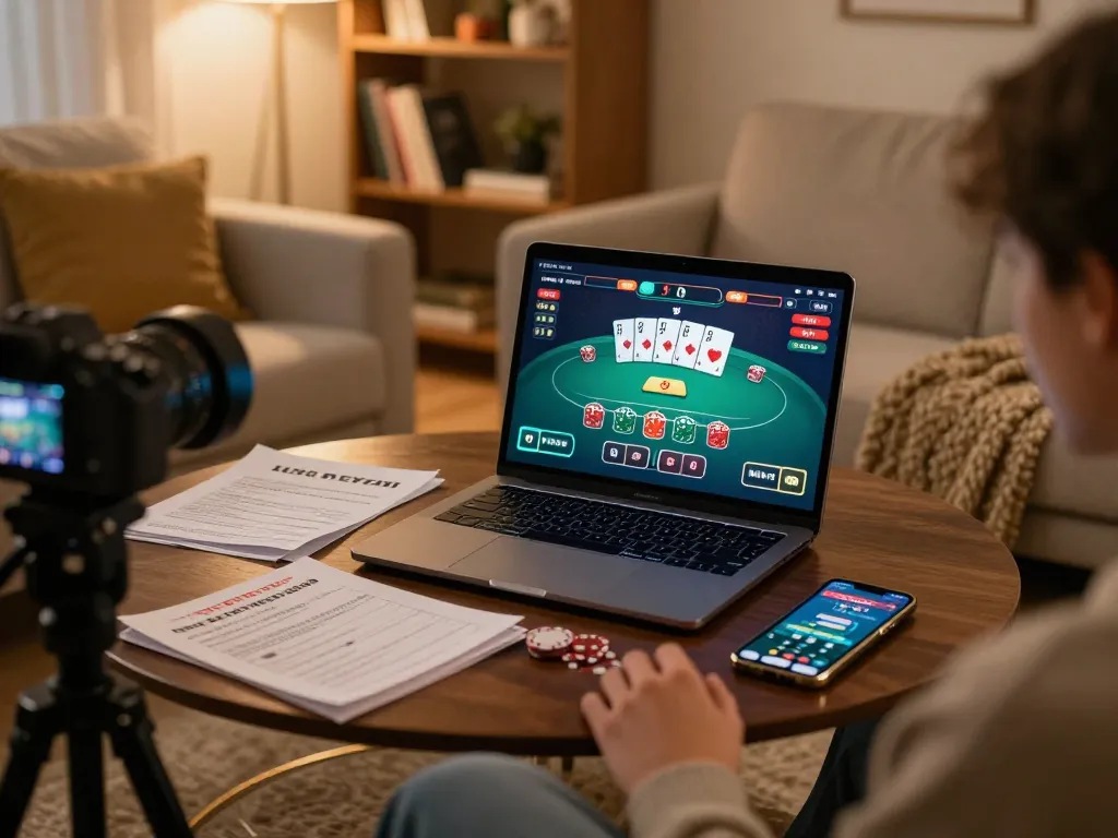 Player exploring online casino gameplay at home with XXGG, showcasing strategy notes and gameplay interface.
