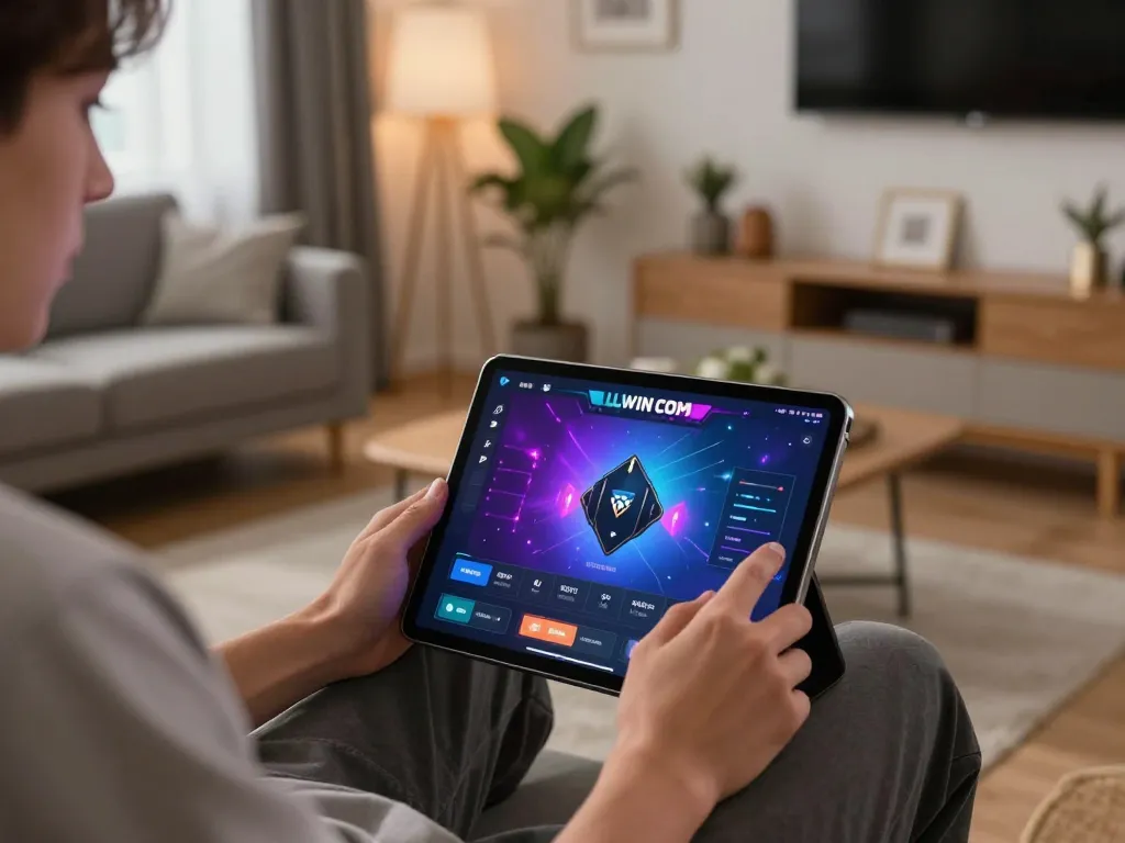 Engaged player using LLWIN COM app for online casino gaming in a stylish, cozy home setting.