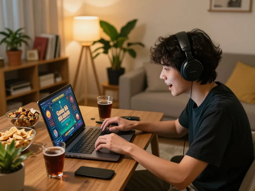 Engaged player enjoying Game bài đổi thưởng on laptop in warm home setting