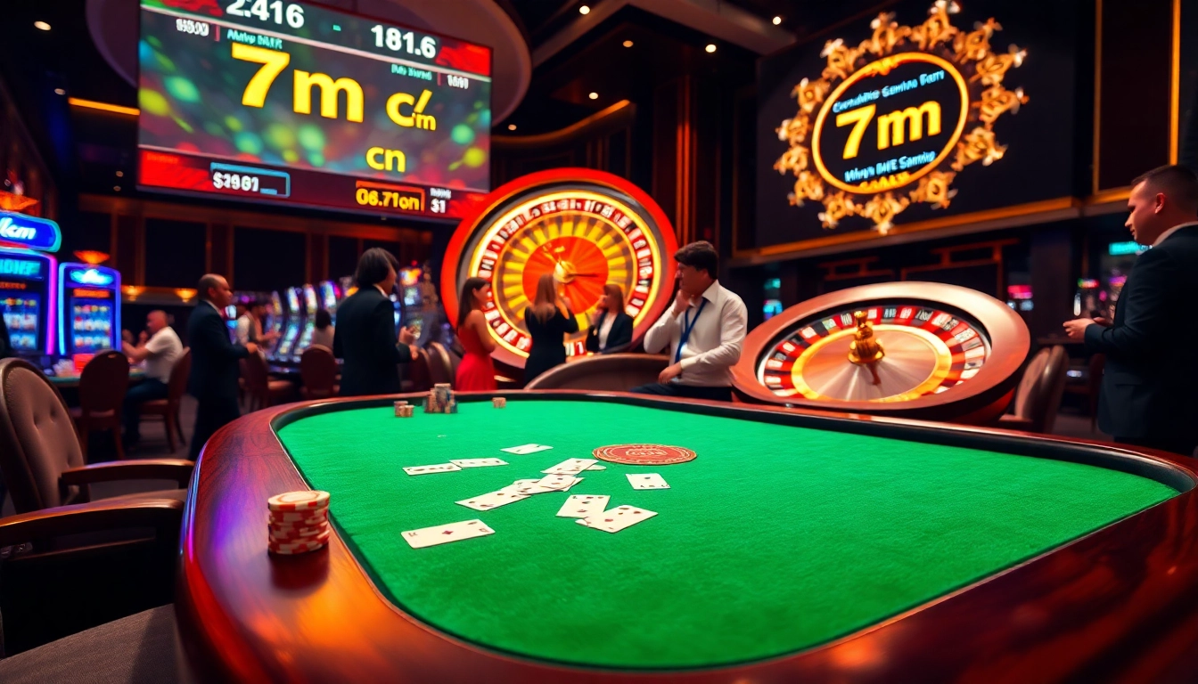 Gambling excitement at a luxurious casino featuring 7m cn live scores, poker tables, and roulette wheels.