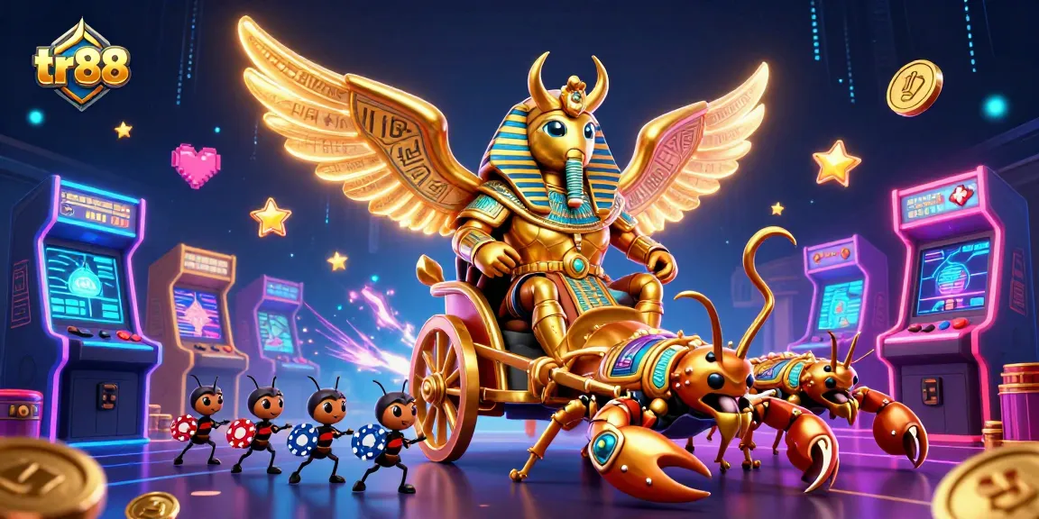 Experience thrilling gaming at tr88 with a vivid 3D scene of golden scarabs and vibrant arcade elements.