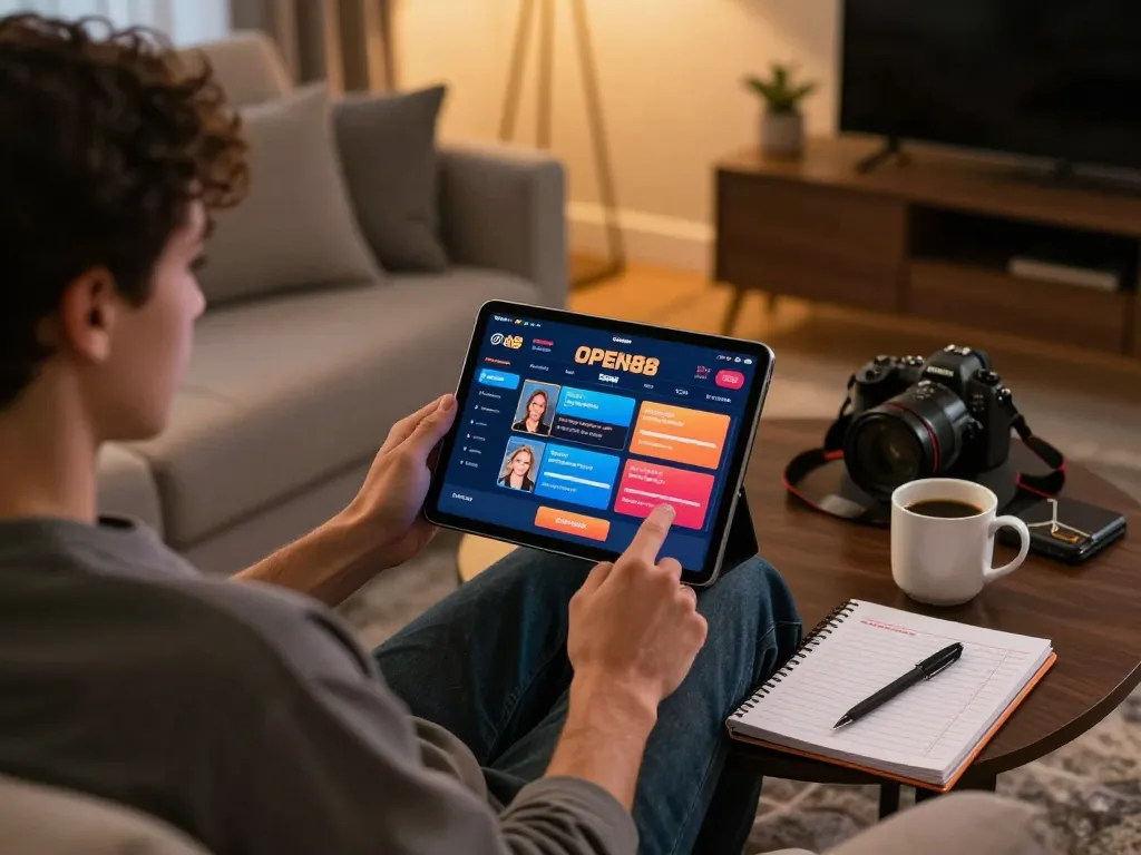 Engaged player experiencing online gaming on OPEN88 platform in a cozy home environment.