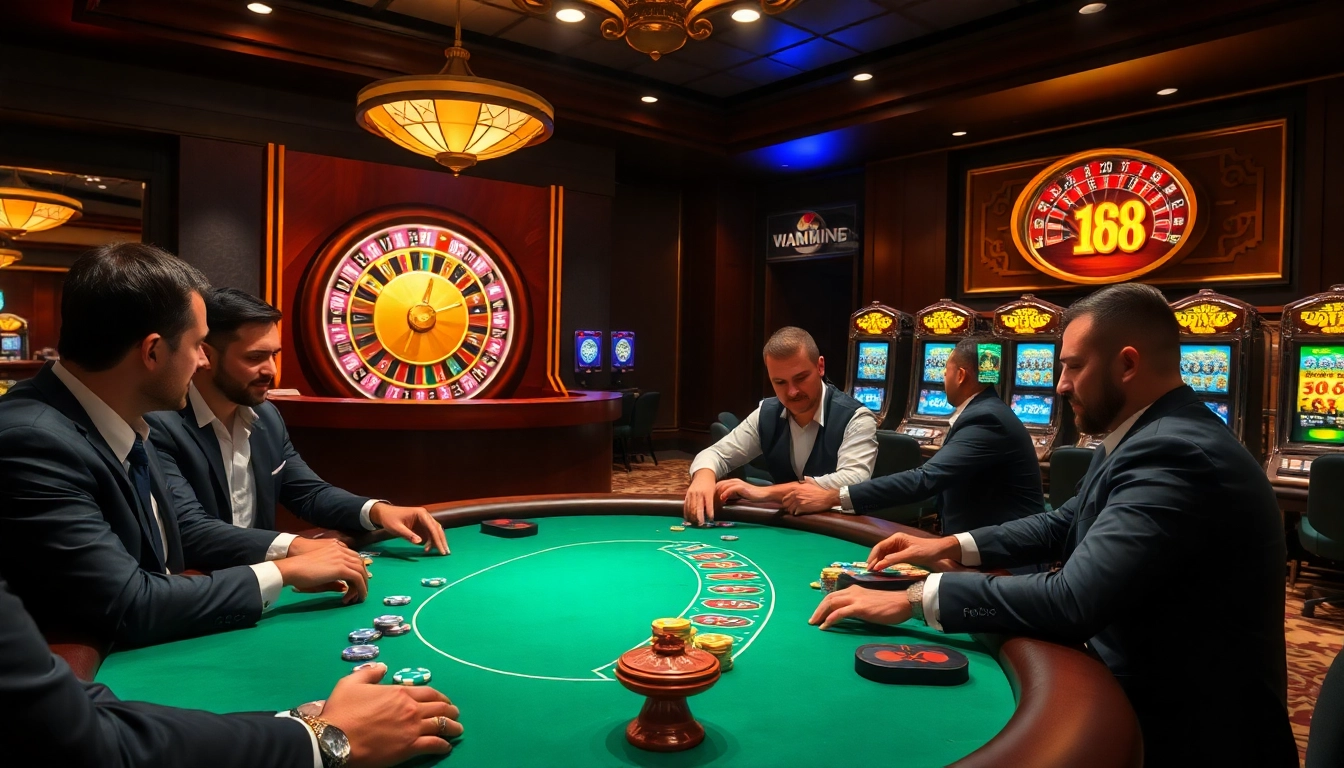 Players bet at a luxurious f168 casino table during an exciting poker game.