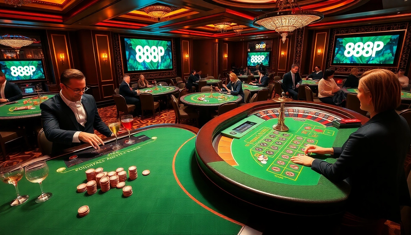 Engage with the thrilling atmosphere at 888P's luxurious casino tables filled with vibrant chips and exciting games.