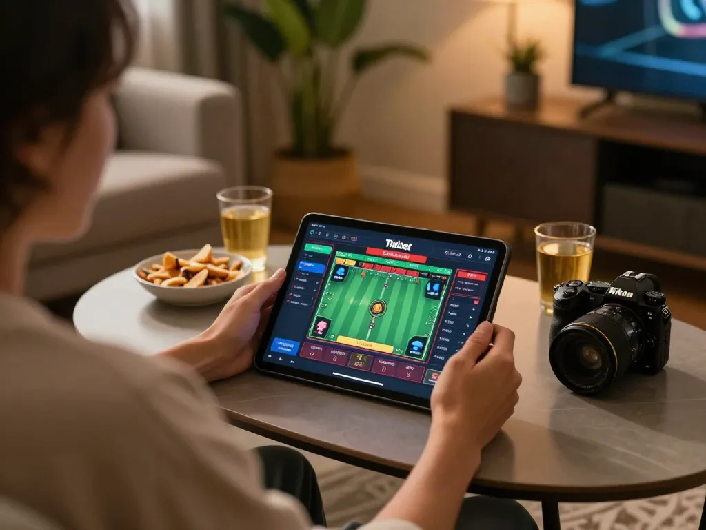 Engaging in online sports betting on Thabet with a tablet, creating a cozy home gaming atmosphere.