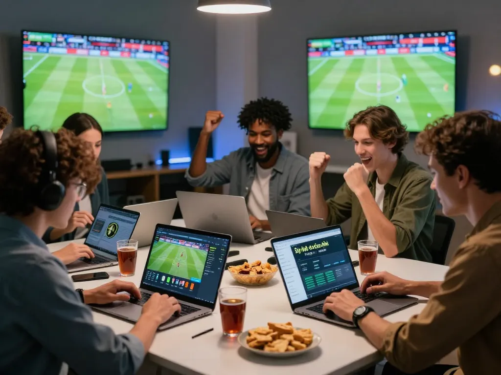 Engaged bettors analyzing tỷ lệ kèo trực tuyến during a live sports match in a modern home office.
