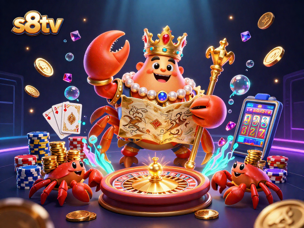 s8tv's golden crab emperor oversees a vibrant casino scene with treasure and excitement.