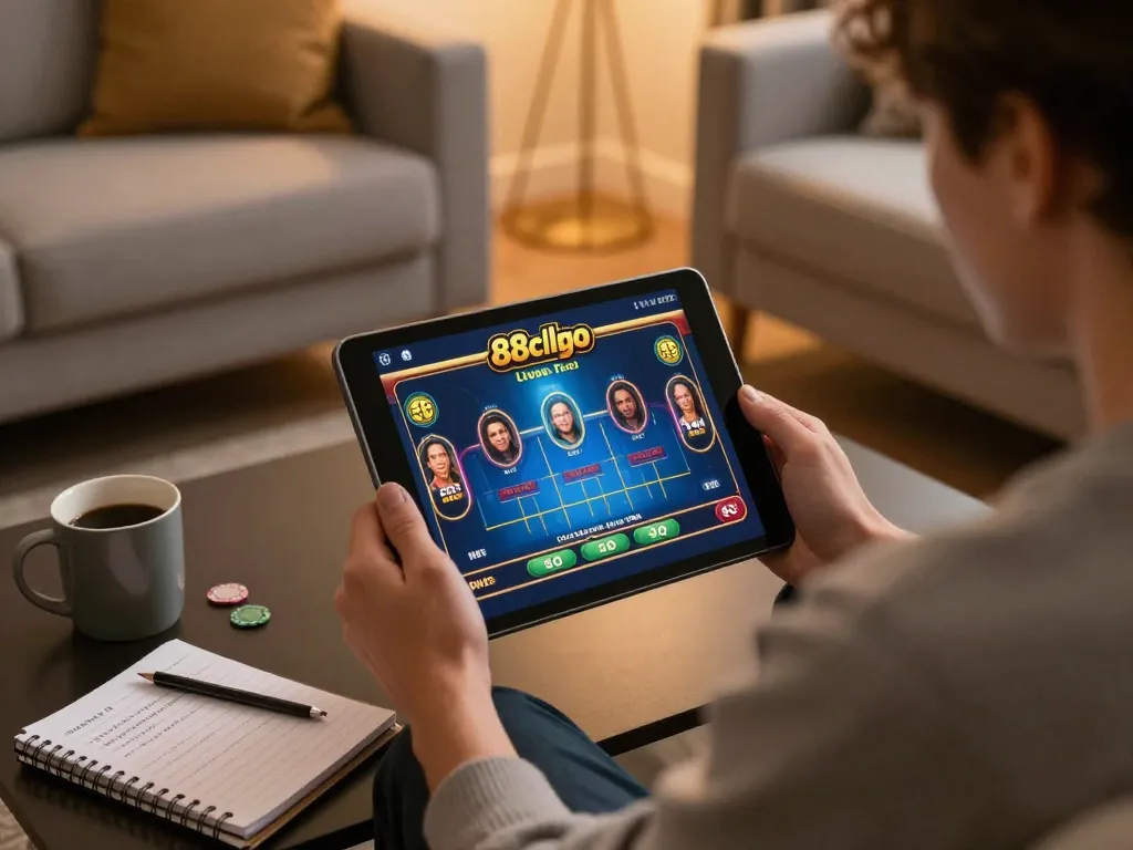 Engaged player enjoying live dealer games on 88clbgo from cozy home setting, integrating strategy and comfort.