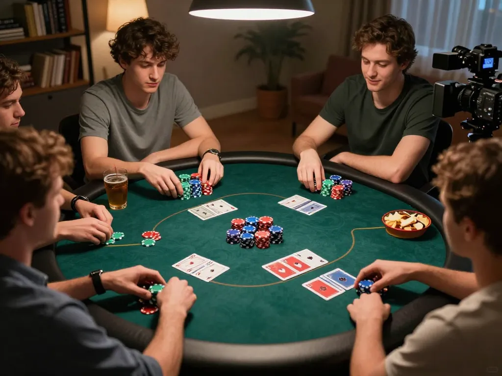 Players enjoy an engaging game of poker at home, experiencing the thrill of Bay789 online gambling in a cozy atmosphere.