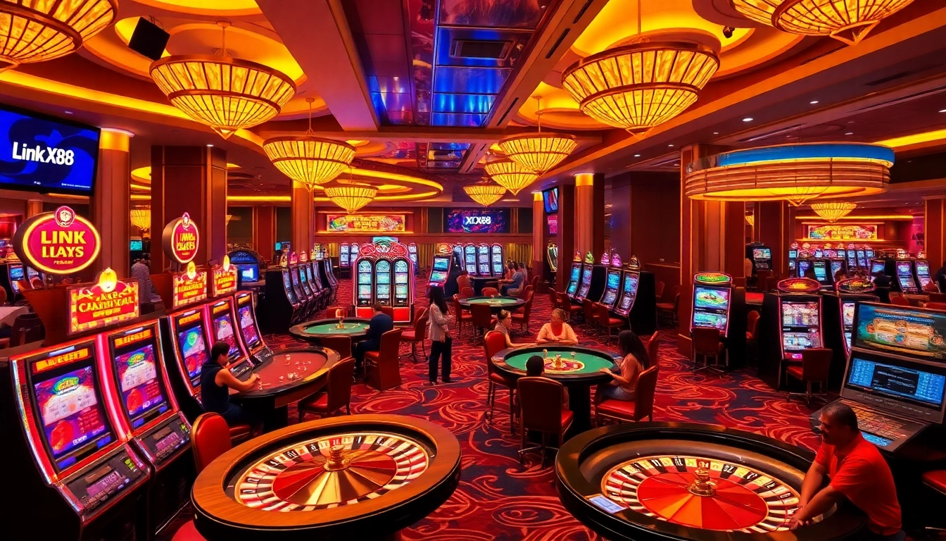 Link X88 showcases vibrant casino action with slot machines, roulette wheels, and excited players.